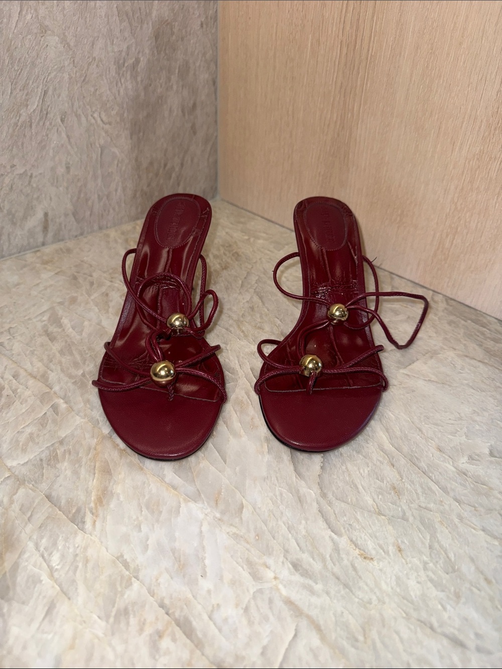 Steve Madden Burgundy Strappy Heeled Sandals with Gold Bead Accents